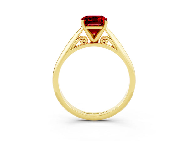 Yellow gold Emerald Cut Ruby Solitaire Engagement Ring with Cathedral Setting and Four-Prong Mount