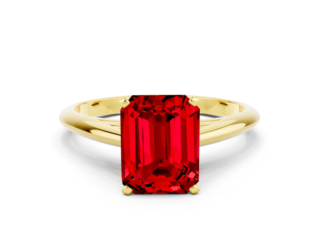 Yellow gold Emerald Cut Ruby Solitaire Engagement Ring with Cathedral Setting and Four-Prong Mount_72
