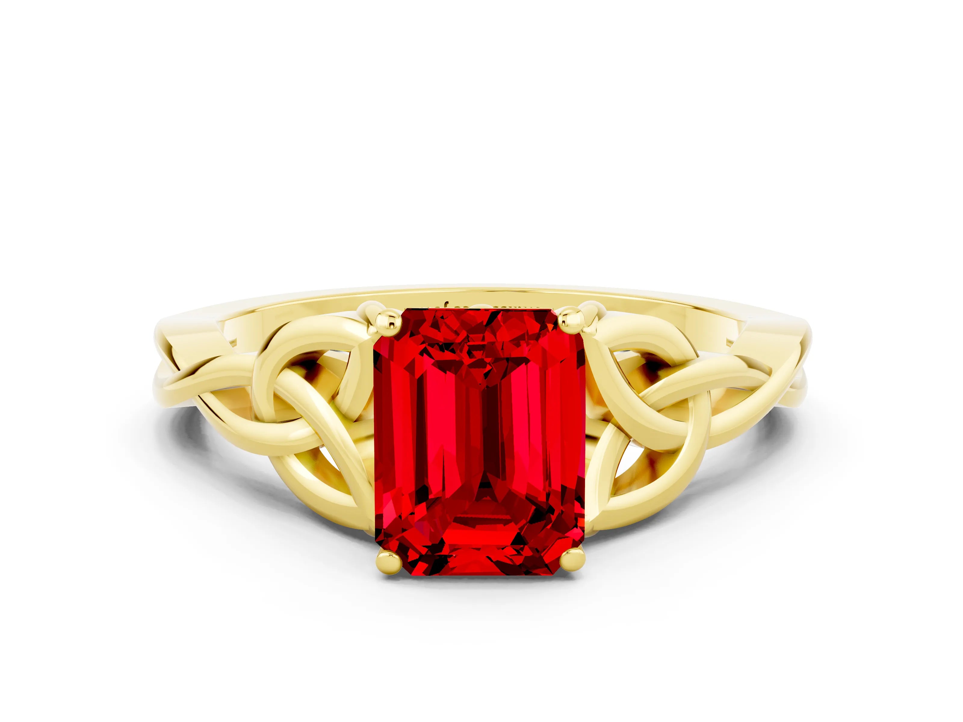 Yellow gold Emerald Cut Ruby Solitaire Engagement Ring with Celtic Knot Band and Four-Prong Setting