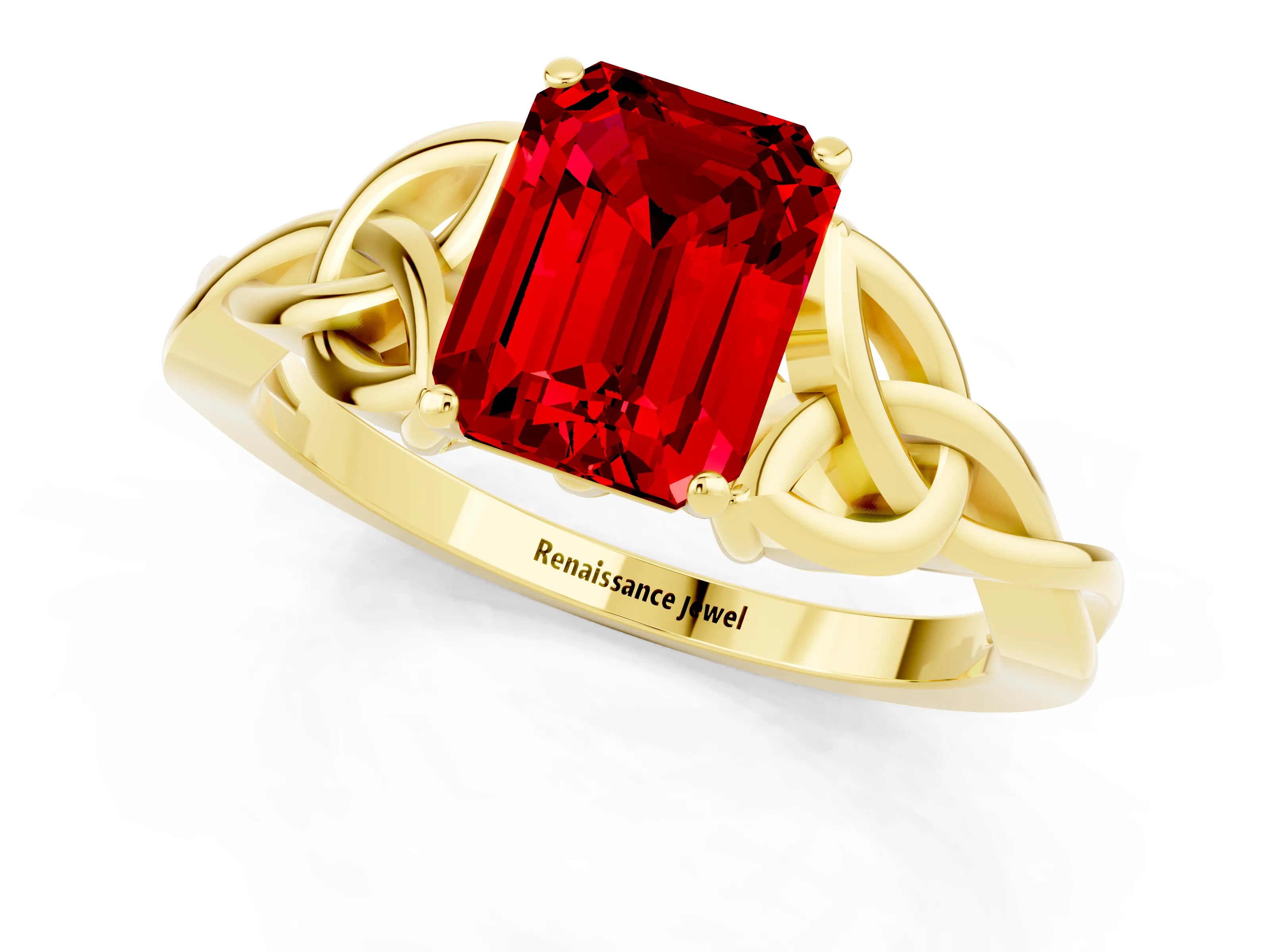 Yellow gold Emerald Cut Ruby Solitaire Engagement Ring with Celtic Knot Band and Four-Prong Setting_1