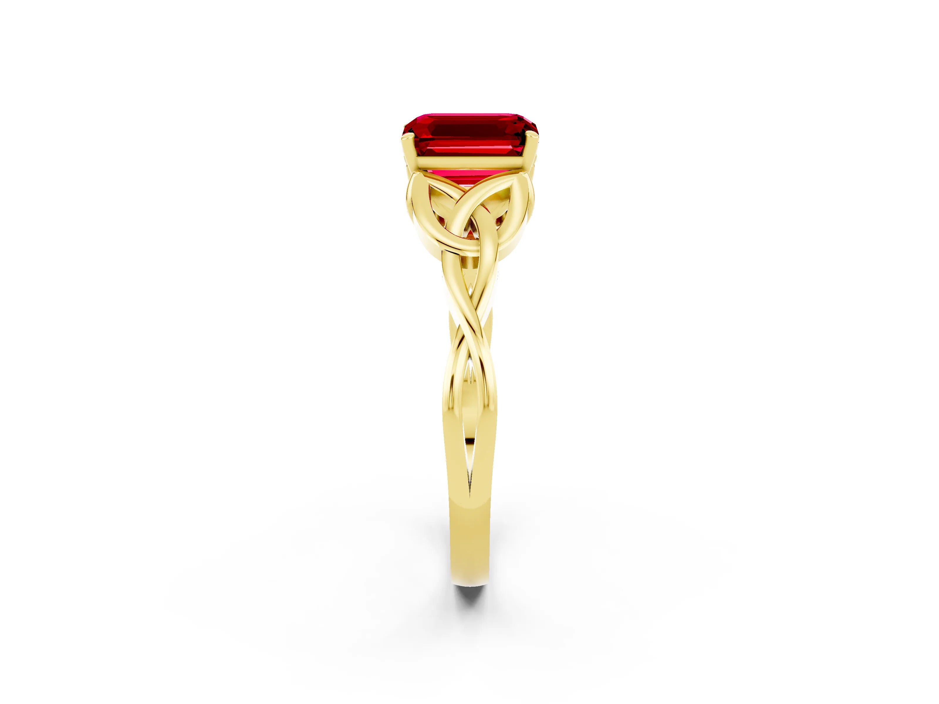 Yellow gold Emerald Cut Ruby Solitaire Engagement Ring with Celtic Knot Band and Four-Prong Setting_2