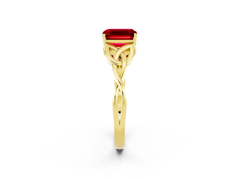 Yellow gold Emerald Cut Ruby Solitaire Engagement Ring with Celtic Knot Band and Four-Prong Setting_2