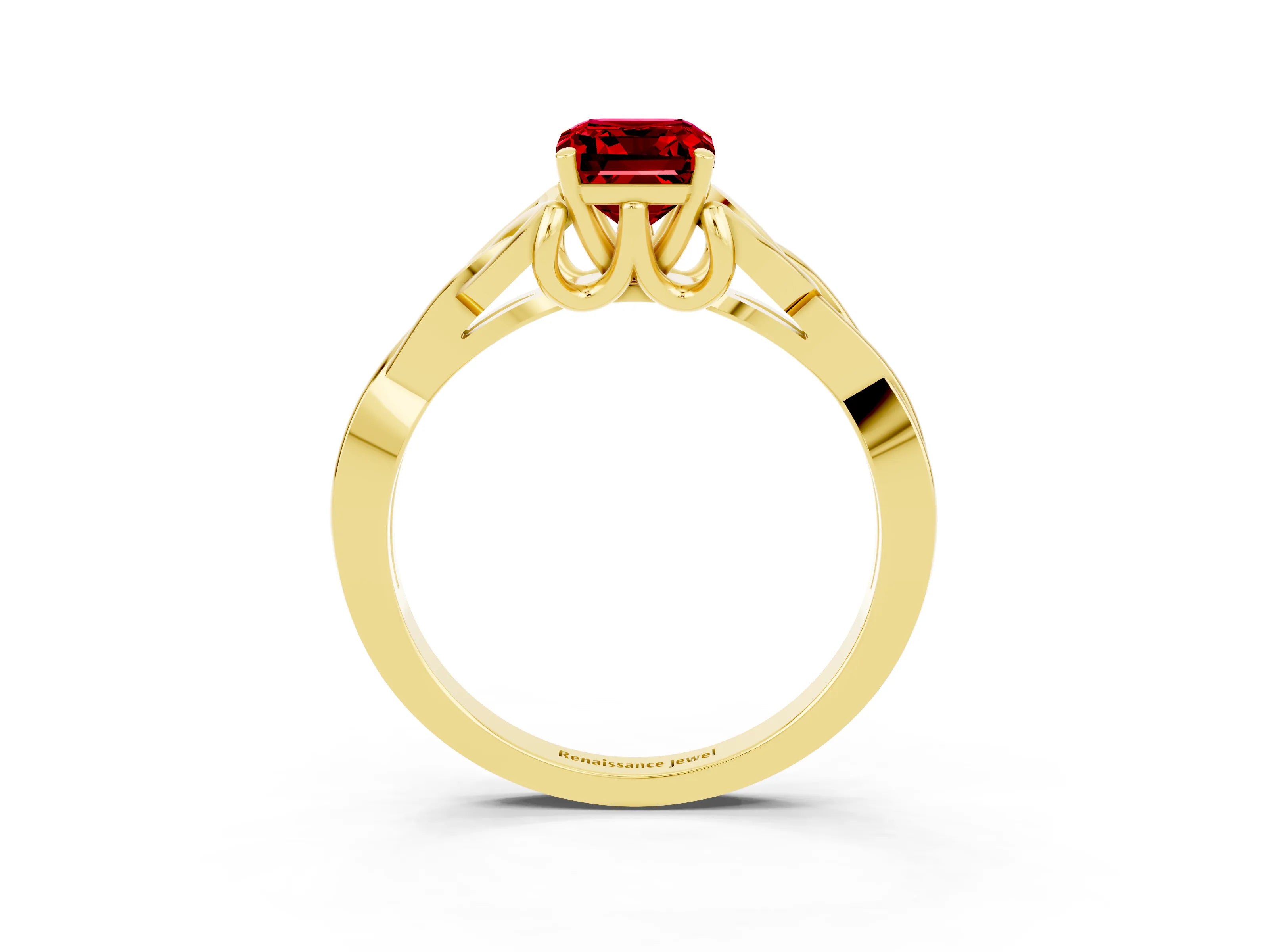 Yellow gold Emerald Cut Ruby Solitaire Engagement Ring with Celtic Knot Band and Four-Prong Setting_3