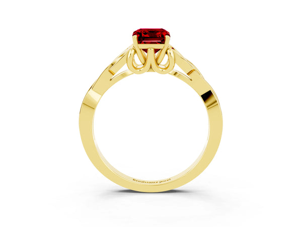 Yellow gold Emerald Cut Ruby Solitaire Engagement Ring with Celtic Knot Band and Four-Prong Setting