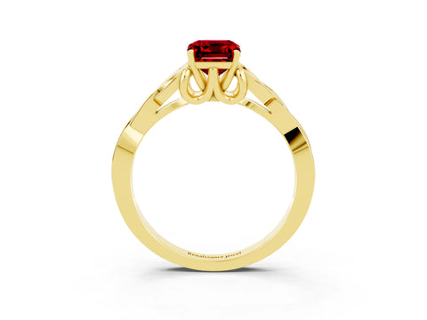 Yellow gold Emerald Cut Ruby Solitaire Engagement Ring with Celtic Knot Band and Four-Prong Setting_3