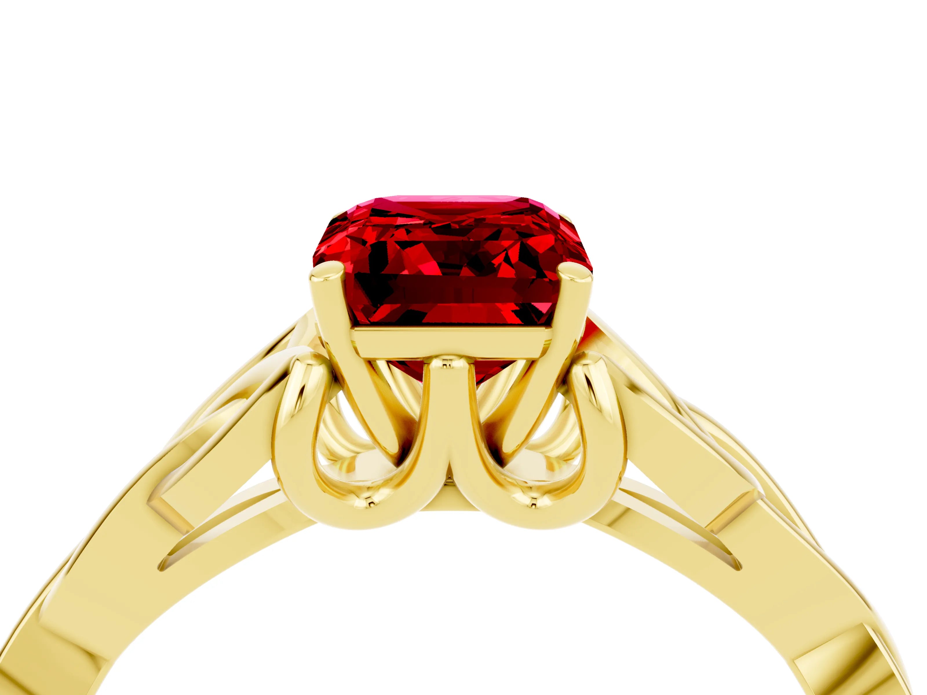 Yellow gold Emerald Cut Ruby Solitaire Engagement Ring with Celtic Knot Band and Four-Prong Setting_4