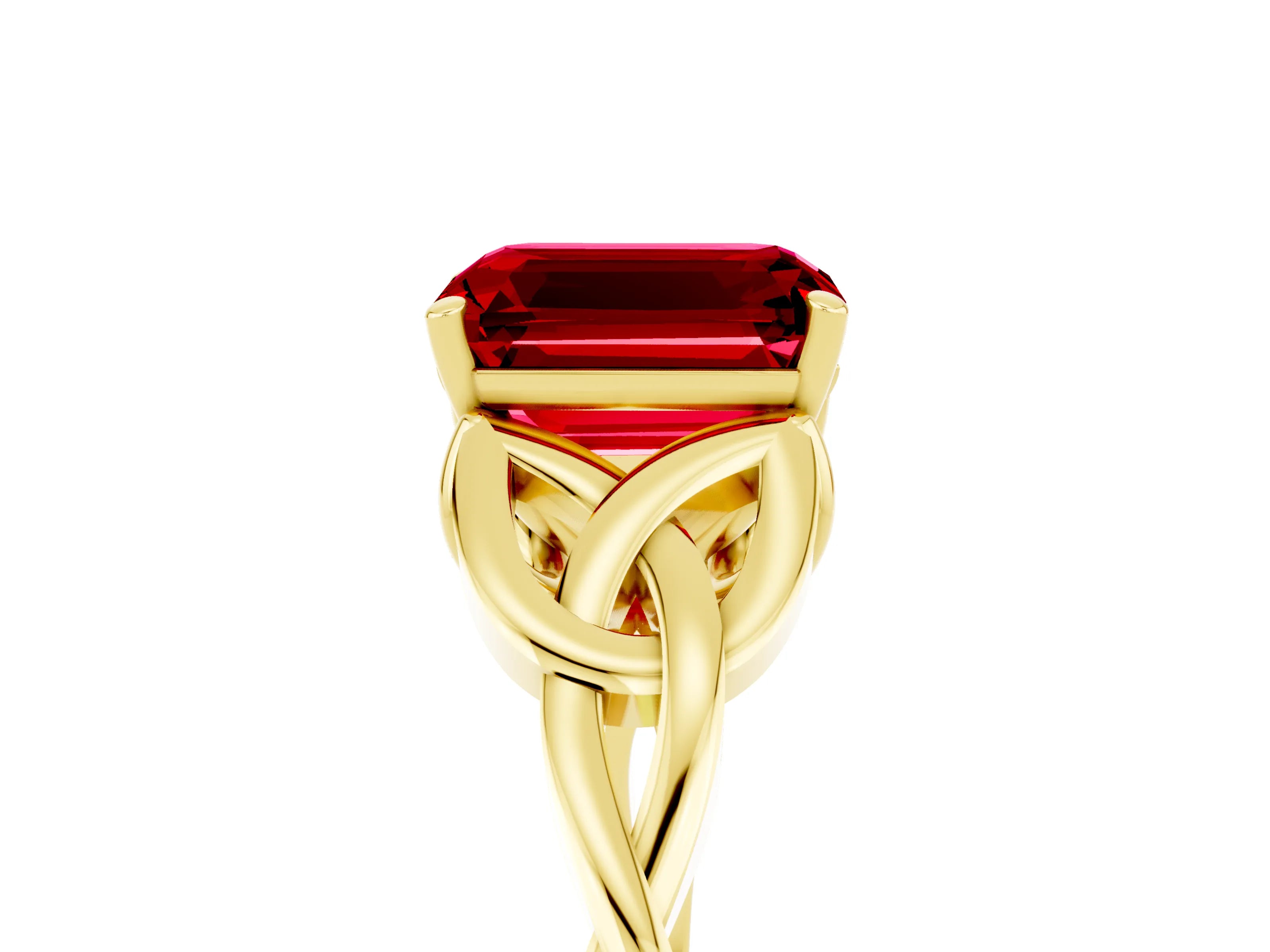 Yellow gold Emerald Cut Ruby Solitaire Engagement Ring with Celtic Knot Band and Four-Prong Setting_5