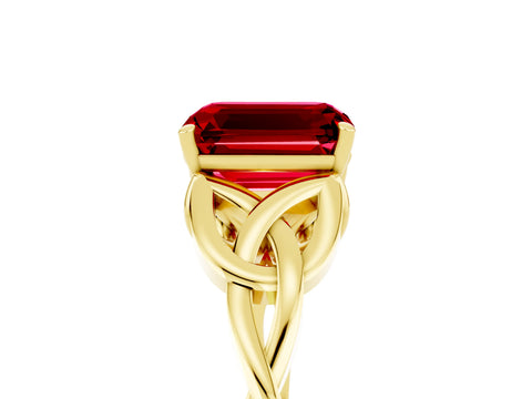 Yellow gold Emerald Cut Ruby Solitaire Engagement Ring with Celtic Knot Band and Four-Prong Setting_5