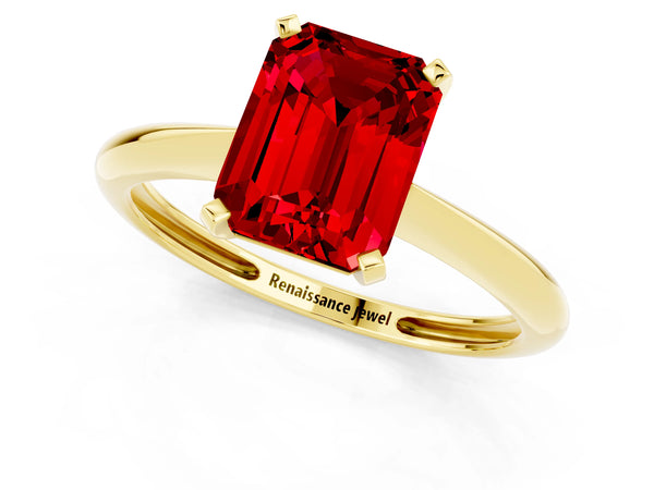 Yellow gold Emerald Cut Ruby Solitaire Engagement Ring with Classic Band and Four-Prong Setting