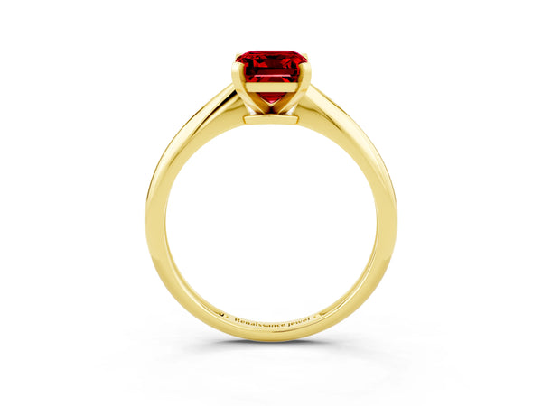 Yellow gold Emerald Cut Ruby Solitaire Engagement Ring with Classic Band and Four-Prong Setting