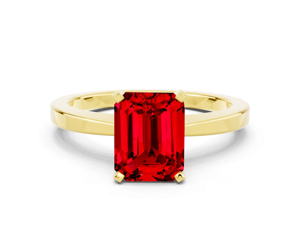 Yellow gold Emerald Cut Ruby Solitaire Engagement Ring with Classic Band and Four-Prong Setting