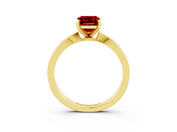 Yellow gold Emerald Cut Ruby Solitaire Engagement Ring with Classic Band and Four-Prong Setting