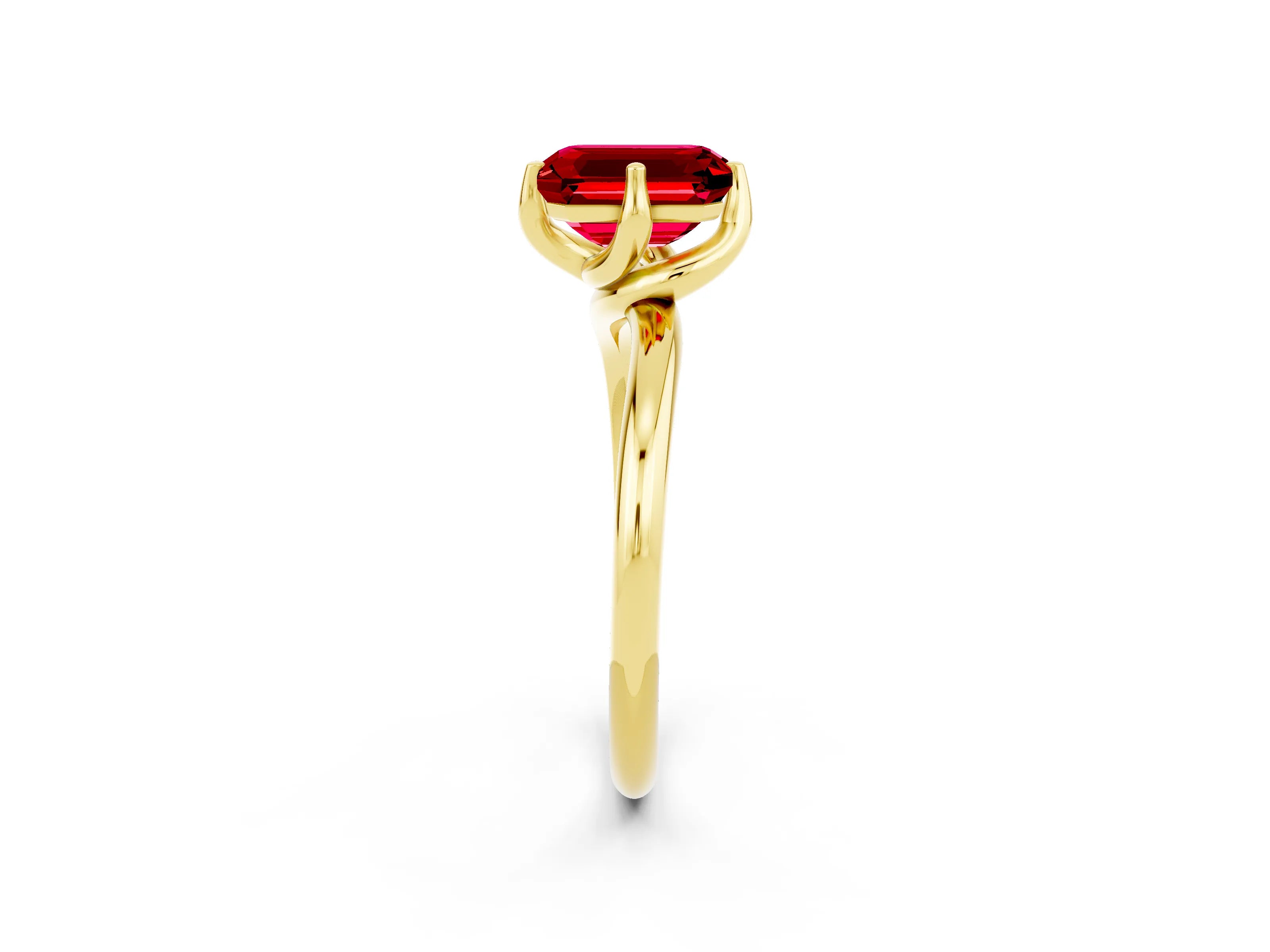 Yellow gold Emerald Cut Ruby Solitaire Engagement Ring with Four-Prong Setting and Classic Band_14