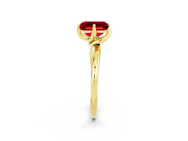 Yellow gold Emerald Cut Ruby Solitaire Engagement Ring with Four-Prong Setting and Classic Band
