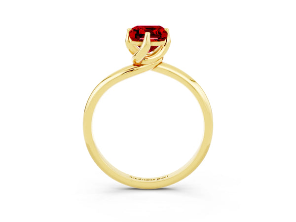 Yellow gold Emerald Cut Ruby Solitaire Engagement Ring with Four-Prong Setting and Classic Band
