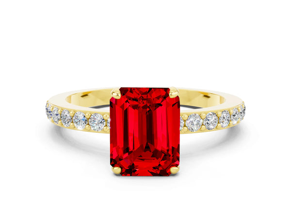 Yellow gold Emerald Cut Ruby Solitaire Engagement Ring with Pavé Band and Four-Prong Setting