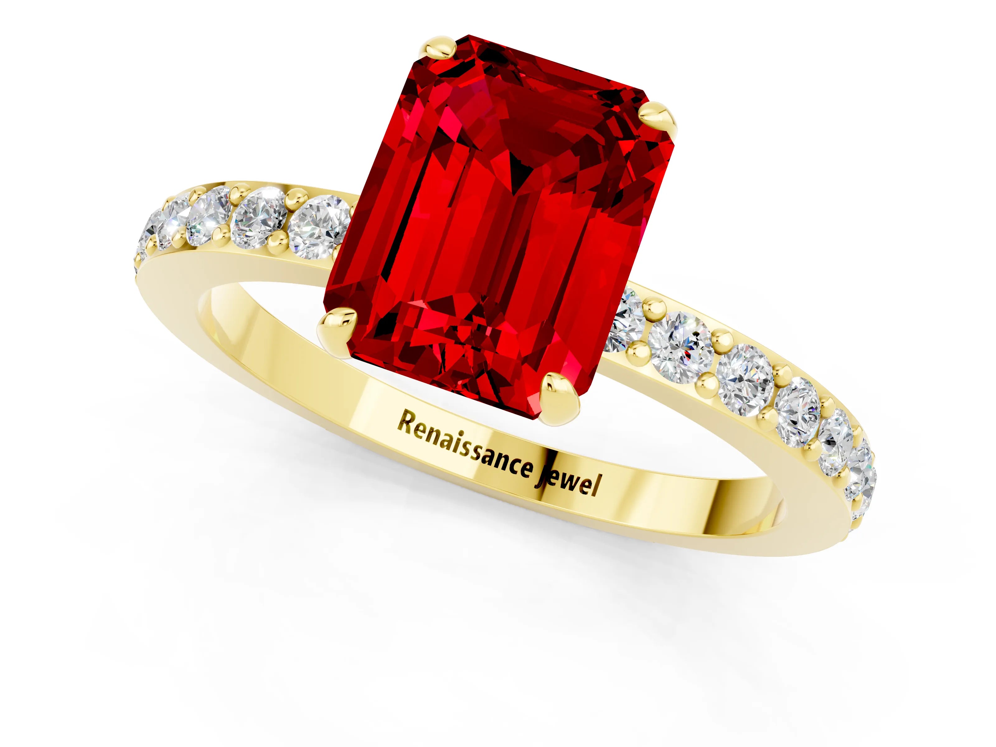 Yellow gold Emerald Cut Ruby Solitaire Engagement Ring with Pavé Band and Four-Prong Setting_1
