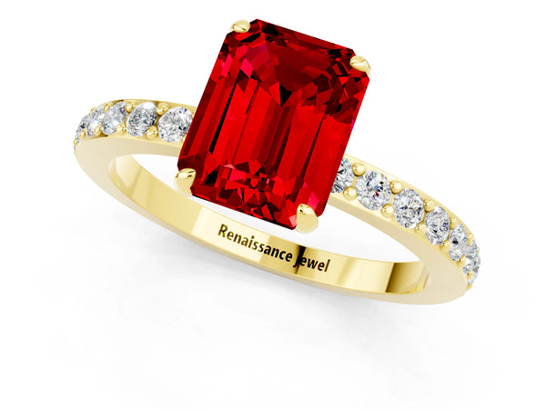 Yellow gold Emerald Cut Ruby Solitaire Engagement Ring with Pavé Band and Four-Prong Setting