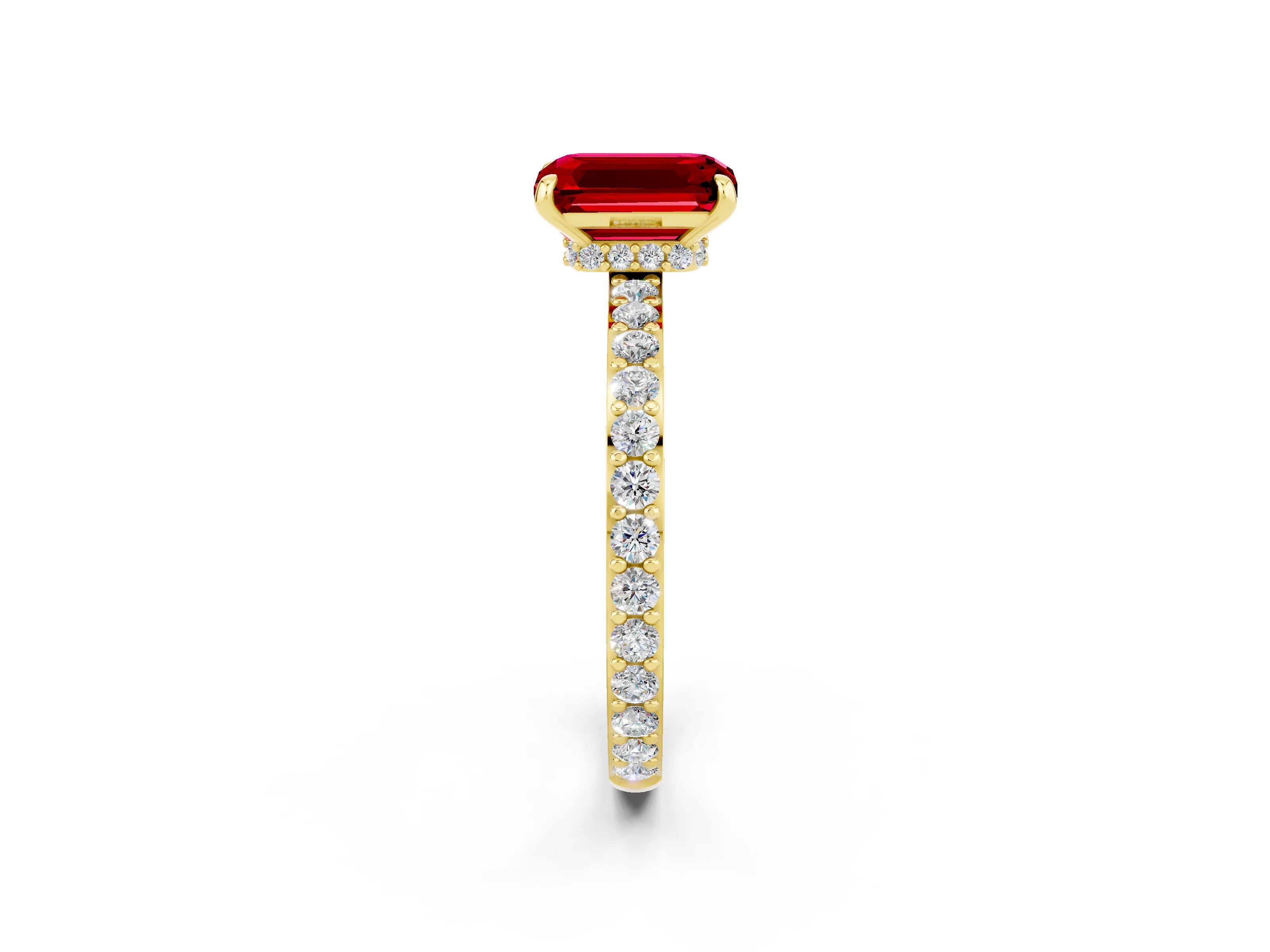 Yellow gold Emerald Cut Ruby Solitaire Engagement Ring with Pavé Band and Four-Prong Setting_2
