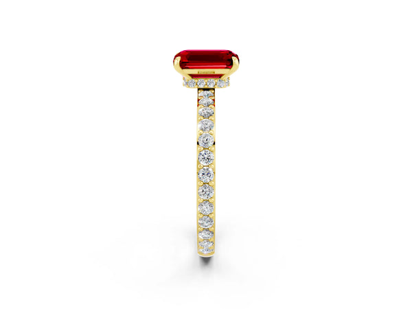 Yellow gold Emerald Cut Ruby Solitaire Engagement Ring with Pavé Band and Four-Prong Setting