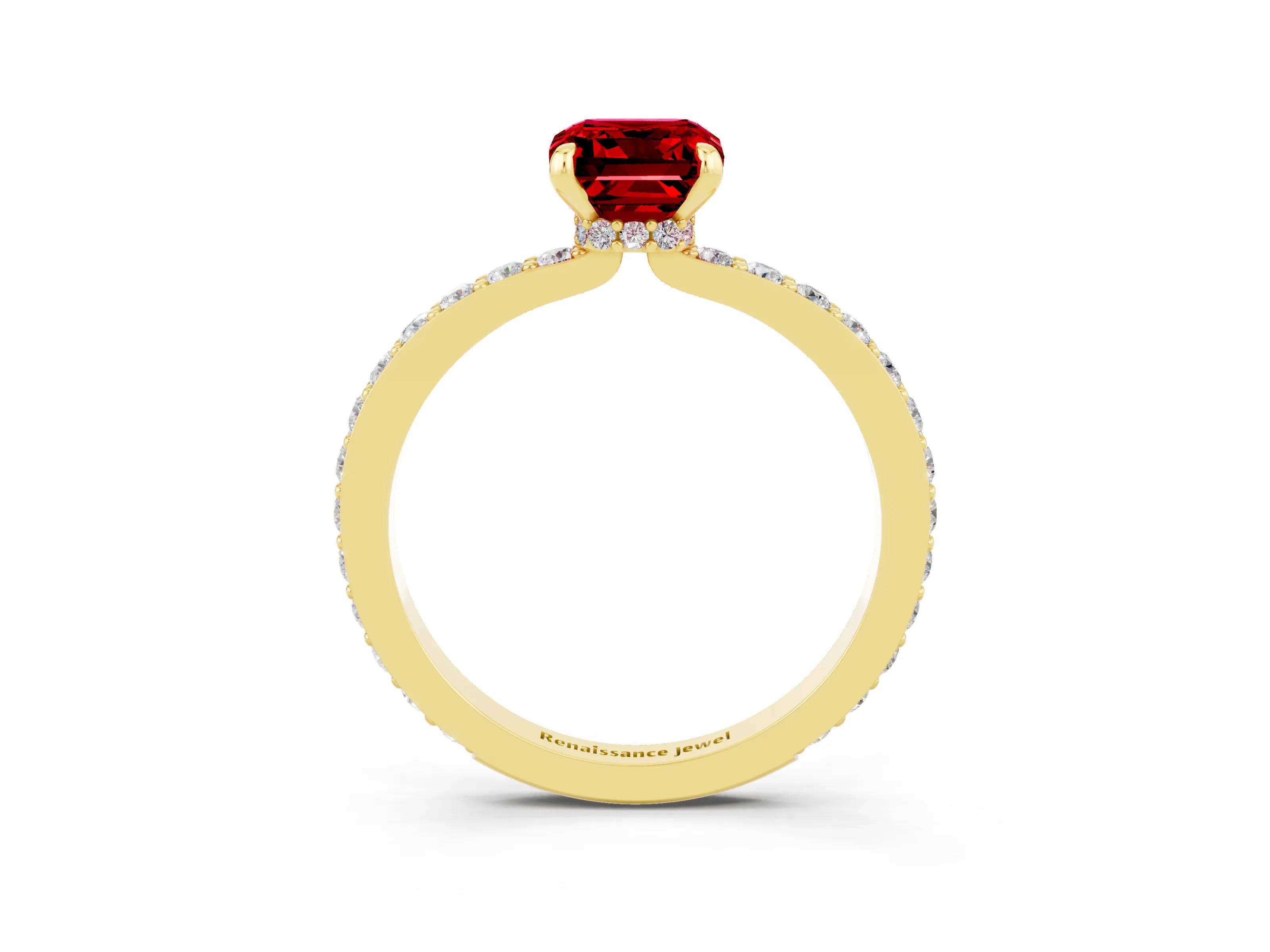 Yellow gold Emerald Cut Ruby Solitaire Engagement Ring with Pavé Band and Four-Prong Setting_3