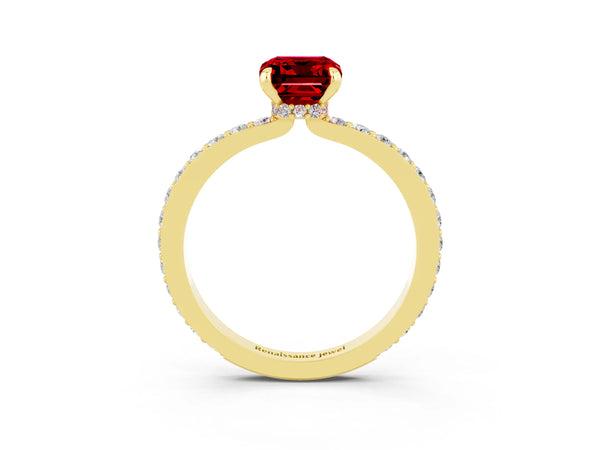 Yellow gold Emerald Cut Ruby Solitaire Engagement Ring with Pavé Band and Four-Prong Setting