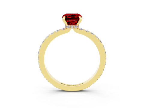 Yellow gold Emerald Cut Ruby Solitaire Engagement Ring with Pavé Band and Four-Prong Setting_3
