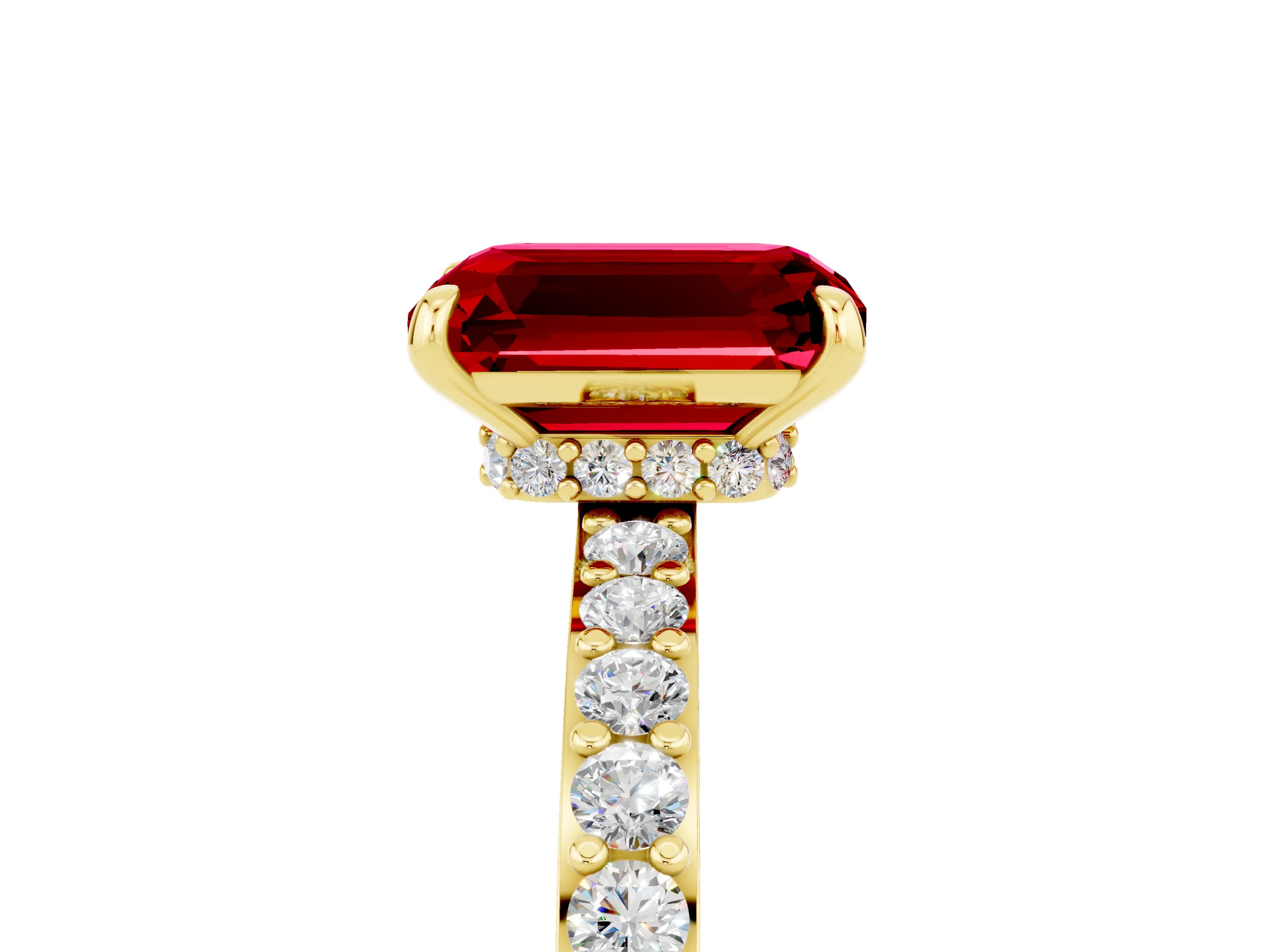 Yellow gold Emerald Cut Ruby Solitaire Engagement Ring with Pavé Band and Four-Prong Setting_5