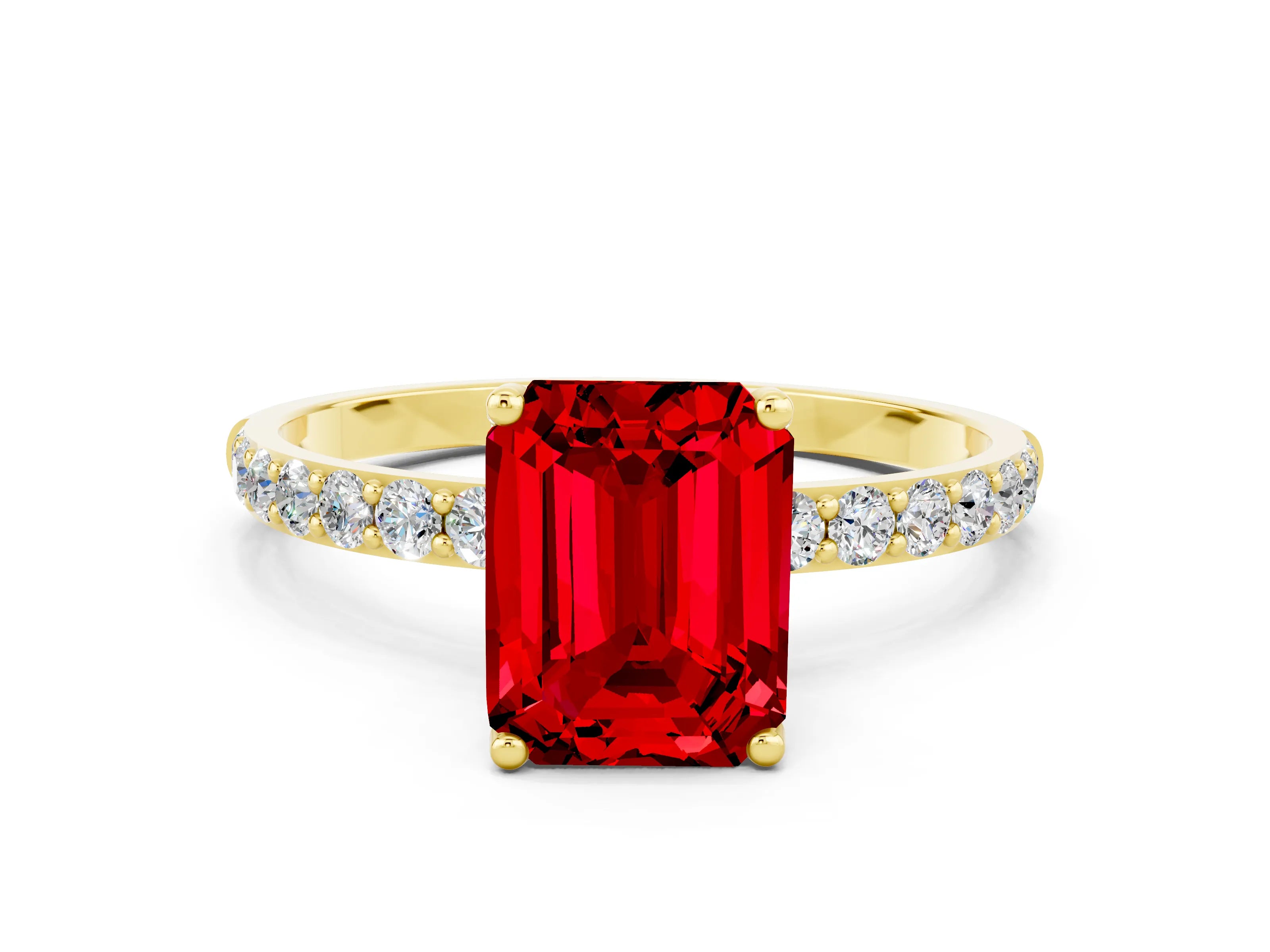Yellow gold Emerald Cut Ruby Solitaire Engagement Ring with Pavé Band and Prong Setting