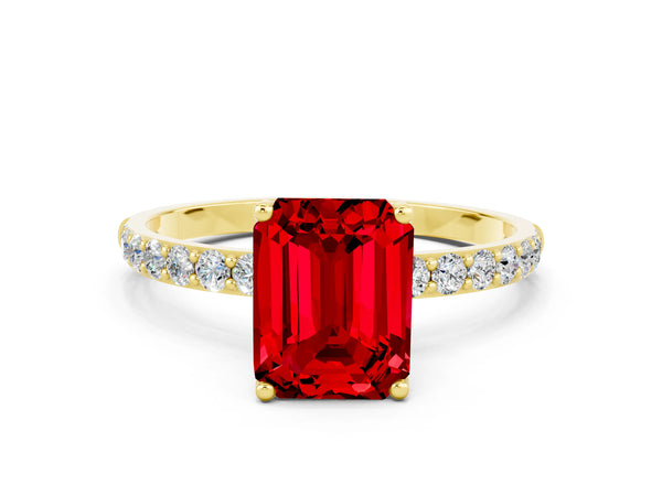 Yellow gold Emerald Cut Ruby Solitaire Engagement Ring with Round  Pavé Band and Prong Setting