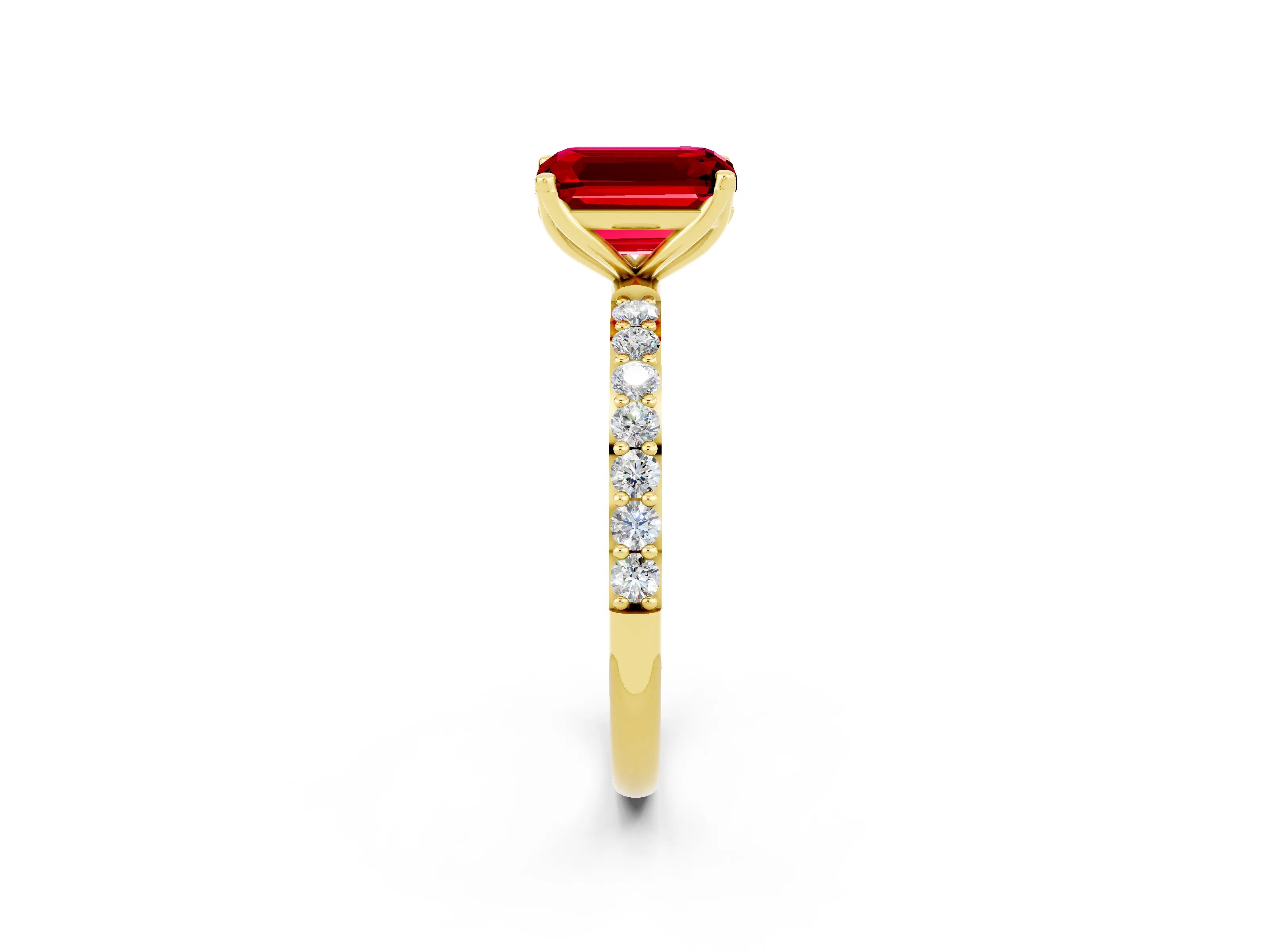 Yellow gold Emerald Cut Ruby Solitaire Engagement Ring with Pavé Band and Prong Setting_2