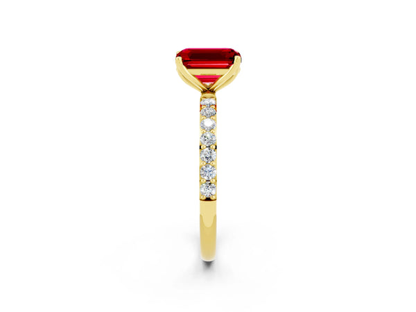 Yellow gold Emerald Cut Ruby Solitaire Engagement Ring with Round  Pavé Band and Prong Setting