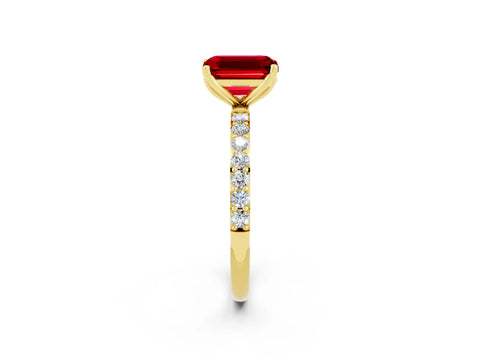 Yellow gold Emerald Cut Ruby Solitaire Engagement Ring with Pavé Band and Prong Setting_2