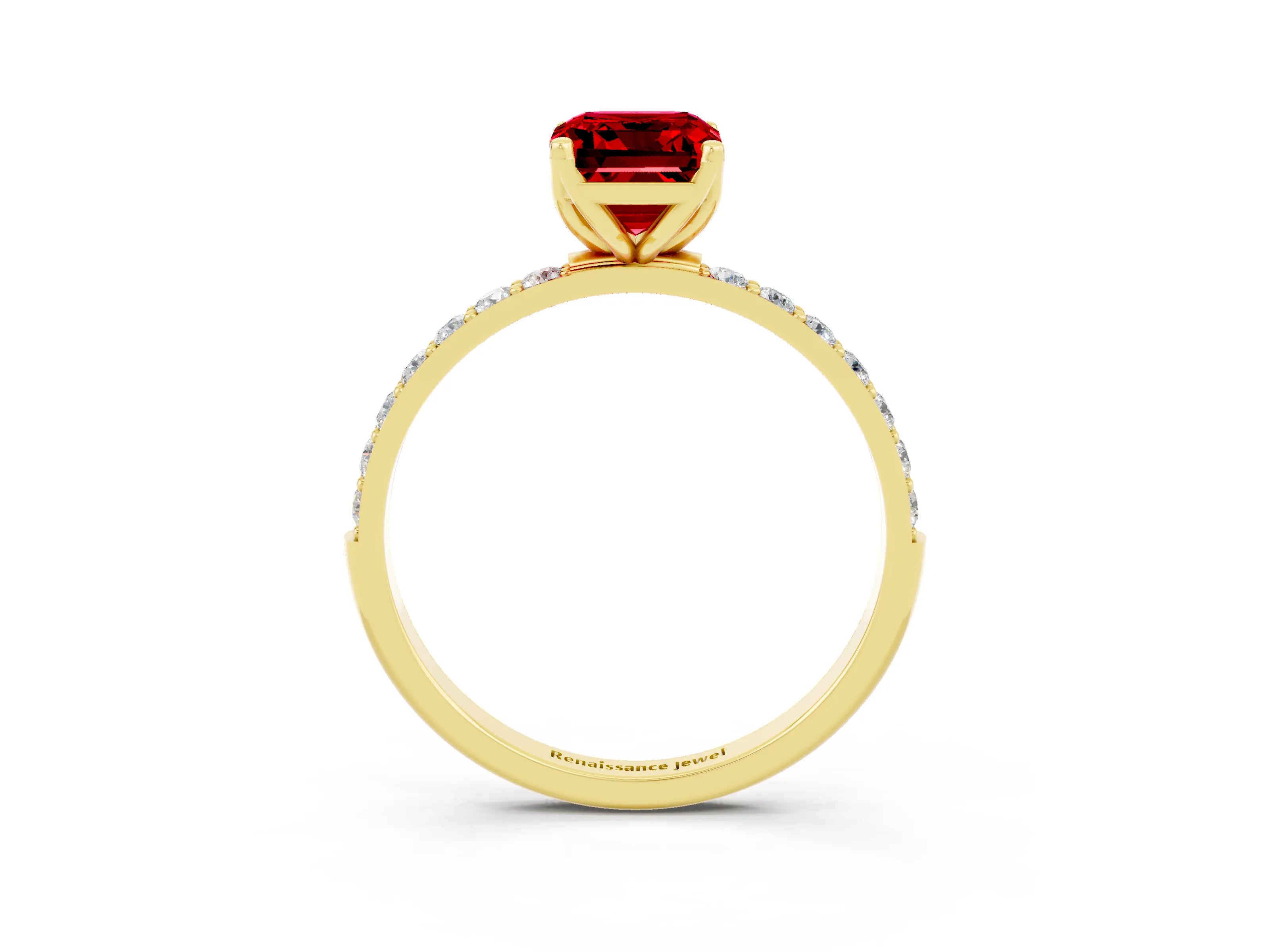 Yellow gold Emerald Cut Ruby Solitaire Engagement Ring with Pavé Band and Prong Setting_3