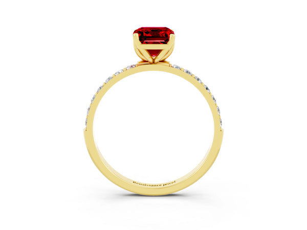 Yellow gold Emerald Cut Ruby Solitaire Engagement Ring with Round  Pavé Band and Prong Setting