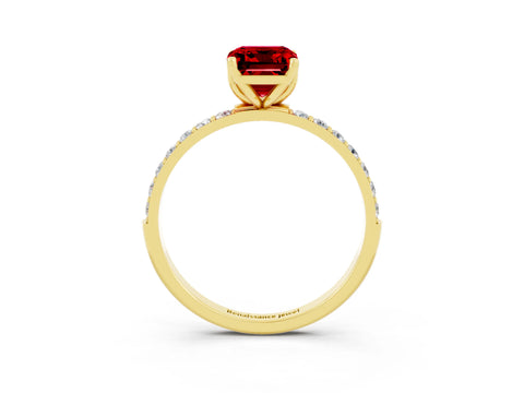 Yellow gold Emerald Cut Ruby Solitaire Engagement Ring with Pavé Band and Prong Setting_3