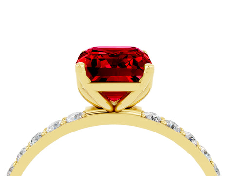 Yellow gold Emerald Cut Ruby Solitaire Engagement Ring with Pavé Band and Prong Setting_4