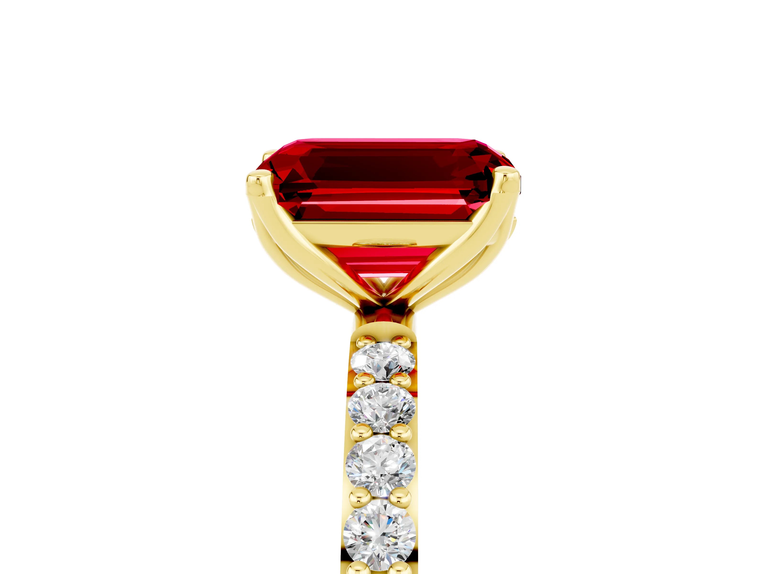 Yellow gold Emerald Cut Ruby Solitaire Engagement Ring with Pavé Band and Prong Setting_5