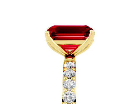 Yellow gold Emerald Cut Ruby Solitaire Engagement Ring with Pavé Band and Prong Setting_5
