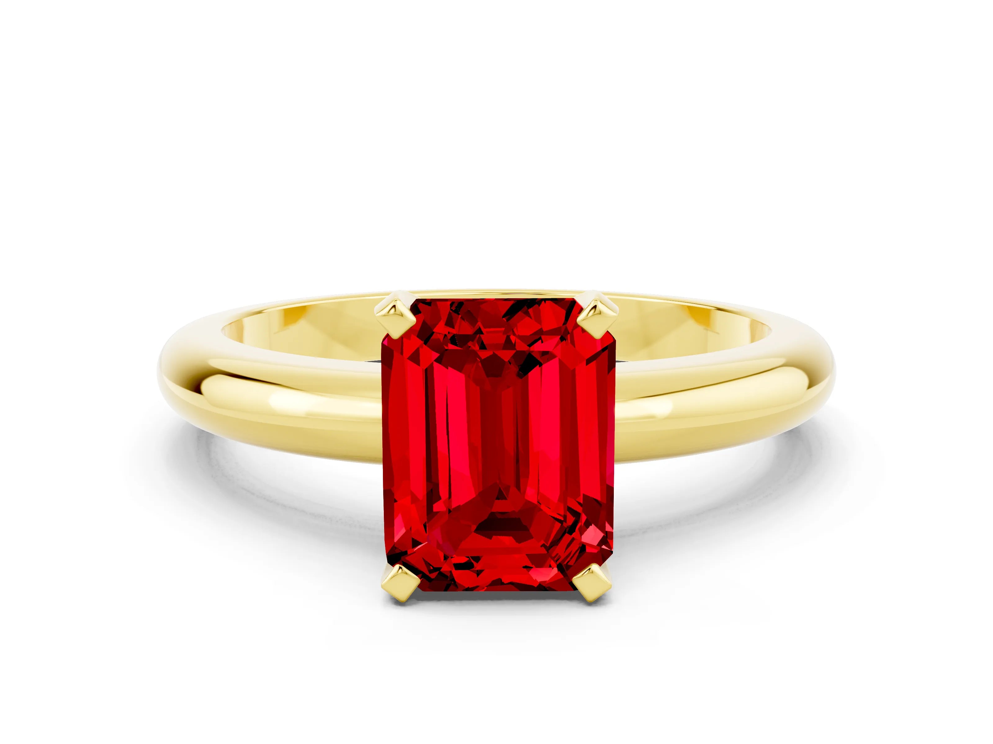 Yellow gold Emerald Cut Ruby Solitaire Engagement Ring with Round Band and Four-Prong Setting