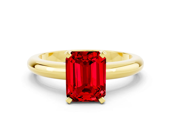 Yellow gold Emerald Cut Ruby Solitaire Engagement Ring with Round Band and Four-Prong Setting