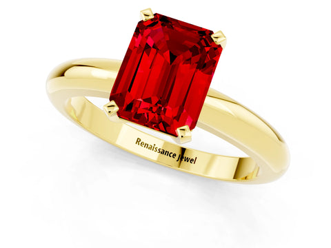 Yellow gold Emerald Cut Ruby Solitaire Engagement Ring with Round Band and Four-Prong Setting_1