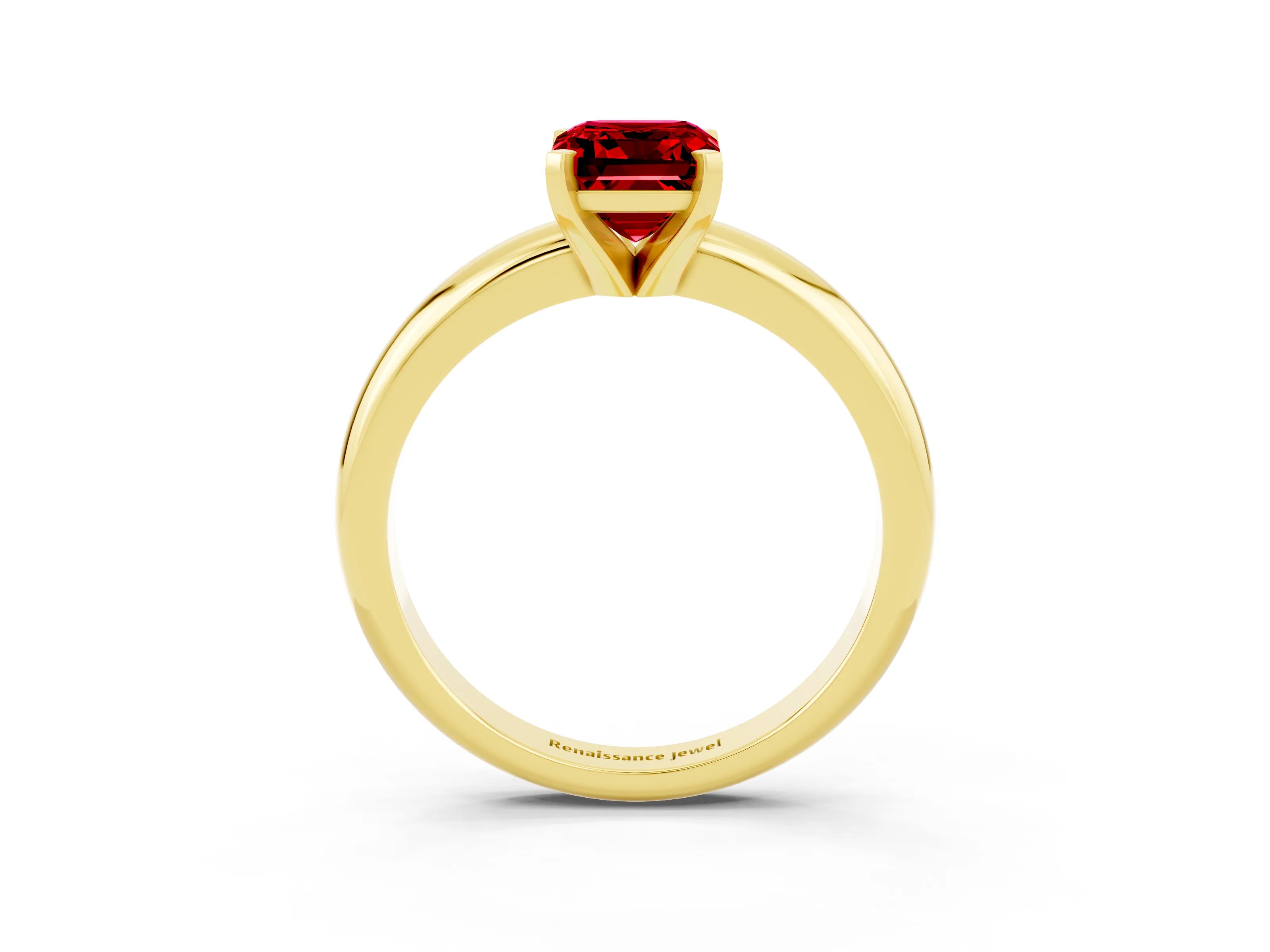 Yellow gold Emerald Cut Ruby Solitaire Engagement Ring with Round Band and Four-Prong Setting_3
