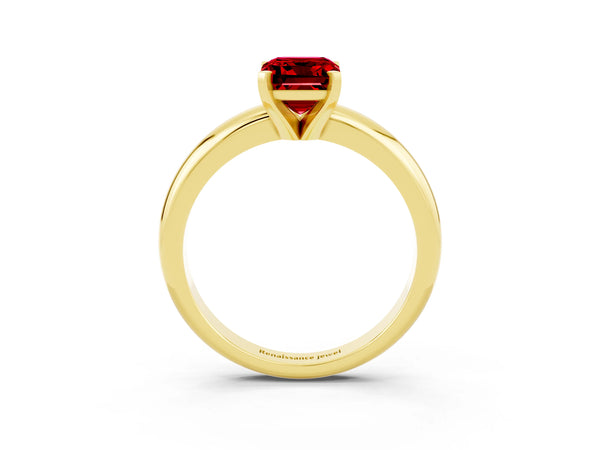 Yellow gold Emerald Cut Ruby Solitaire Engagement Ring with Round Band and Four-Prong Setting