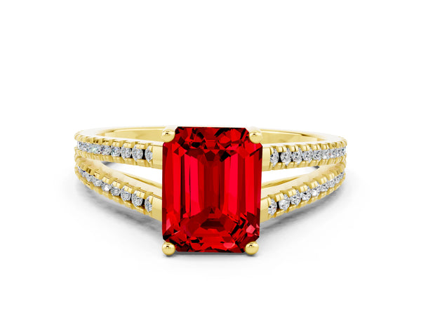 Yellow gold Emerald Cut Ruby Solitaire Engagement Ring with Split Shank Pavé Band