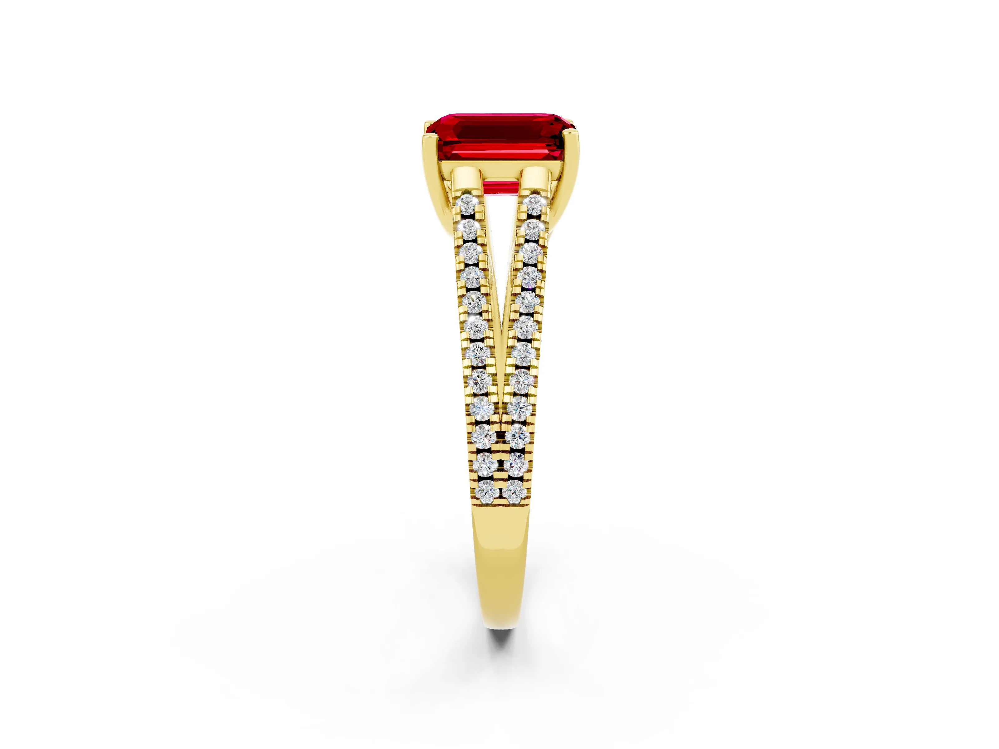 Yellow gold Emerald Cut Ruby Solitaire Engagement Ring with Split Shank Pavé Band_2