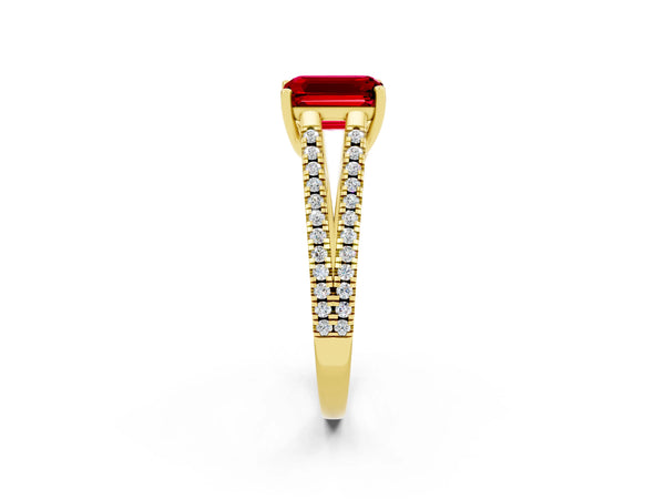 Yellow gold Emerald Cut Ruby Solitaire Engagement Ring with Split Shank Pavé Band
