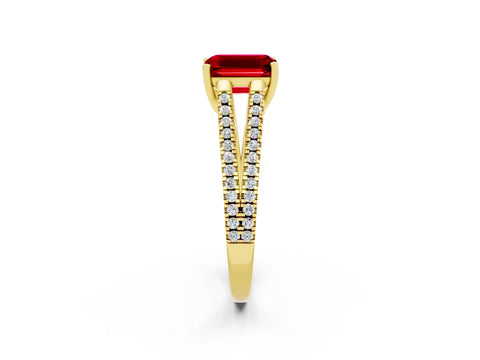 Yellow gold Emerald Cut Ruby Solitaire Engagement Ring with Split Shank Pavé Band_2