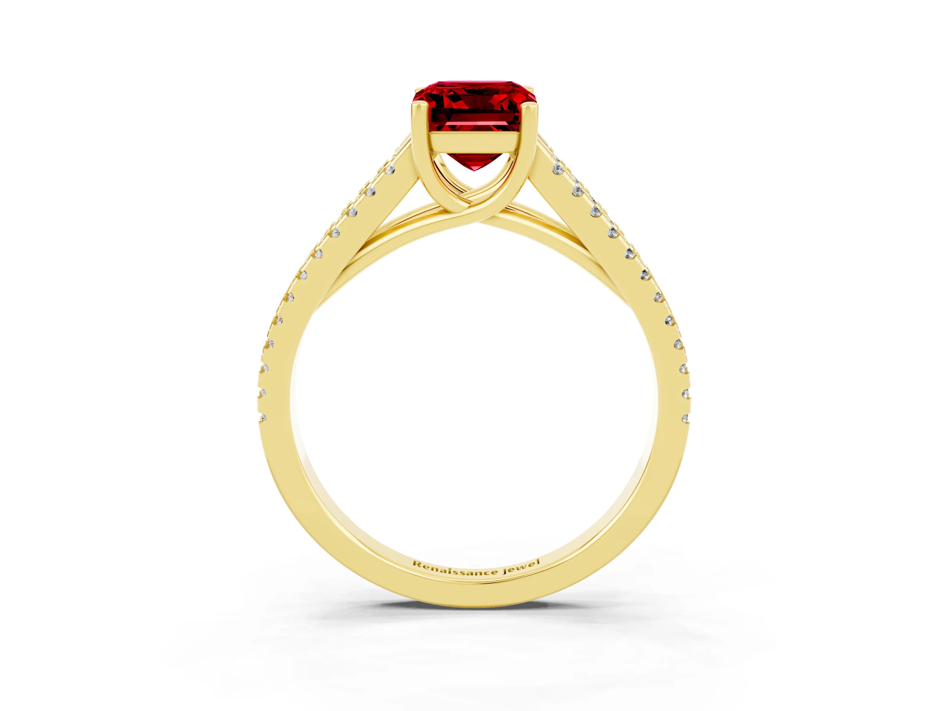 Yellow gold Emerald Cut Ruby Solitaire Engagement Ring with Split Shank Pavé Band_3