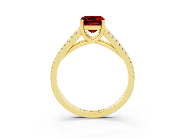 Yellow gold Emerald Cut Ruby Solitaire Engagement Ring with Split Shank Pavé Band